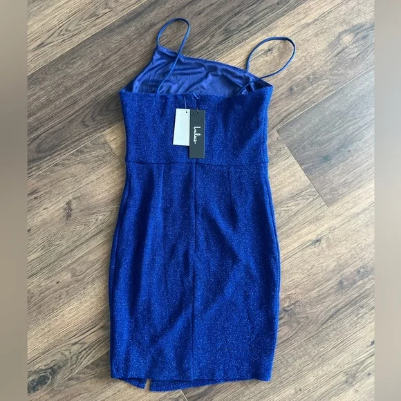 NWT - Lulus Take Me Anywhere Cobalt Sparkly Asymmetrical Bodycon Mini Dress XS - Picture 5 of 6